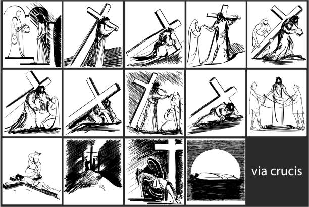 ilustraciones, imágenes clip art, dibujos animados e iconos de stock de via crucis - station of the cross