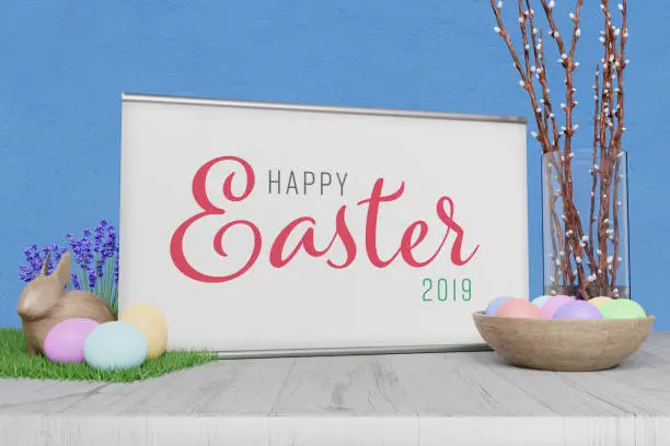 Happy Easter 2019 Sign. Decoration with greetings, banner, Easter eggs, Easter bunny, nest and branches.