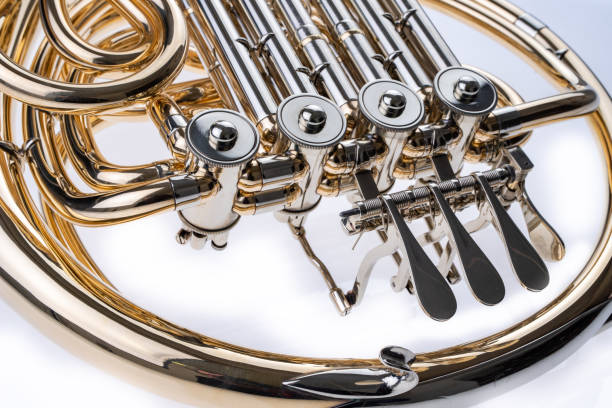 istock French horn on a white table. Beautiful polished musical instrument. Light background. 1135185533