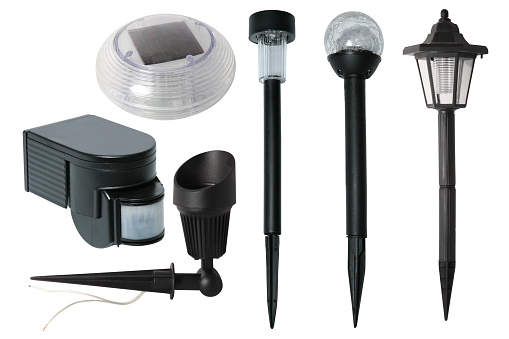Set of plastic garden flashlights.  Isolated on white background. Collection of black garden flashlights