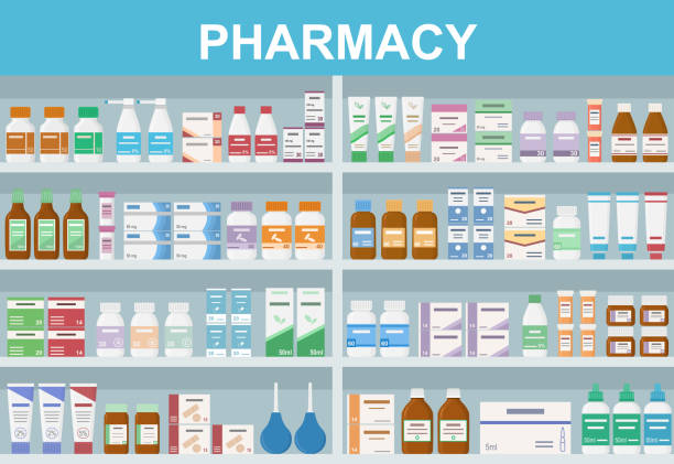 półki apteczne z lekami. koncepcja farmacji i leków. - capsule pill vitamin pill herbal medicine stock illustrations
