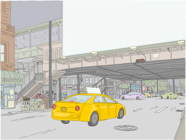 Astoria Cab drawing Billboard, large, blank for your text. City street scene, with a yellow taxi with additional blank space for text. Urban, isolation, nightlife feel. Hand drawn vector illustration. queens new york city stock illustrations