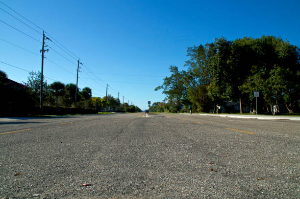 istock low angle view of wide open road and clear sky surrounded by trees 1135190836