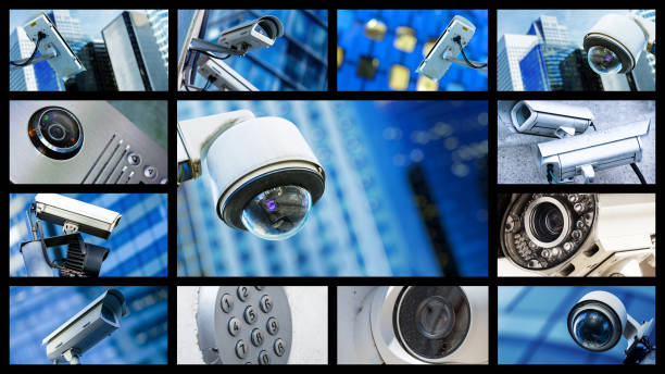 istock Panoramic collage of closeup security CCTV camera or surveillance system 1135191687