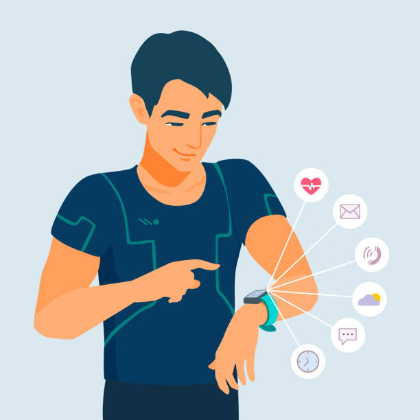 Young adult man looks at a smart watch. Smiling athlete uses electronic wristwatch. Icons show the functionality of gadget. The runner is watching his activity. wrist exercise stock illustrations
