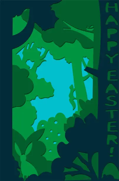 Vector illustration of easter rabbit in the forest. paper art design