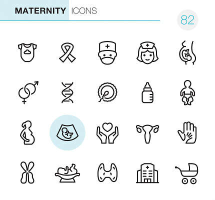 20 Outline Style - Black line - Pixel Perfect icons / Maternity Set #82
Icons are designed in 48x48pх square, outline stroke 2px.

First row of outline icons contains: 
Infant Bodysuit, AIDS Awareness Ribbon, Obstetrician, Nurse, Pregnant;

Second row contains: 
Gender Symbol, DNA, Human Fertility, Baby Bottle, Newborn;

Third row contains: 
Pregnancy, Ultrasound baby, Care, Uterus, A Helping Hand; 

Fourth row contains: 
Chromosome, Newborn on the weights, Thyroid, Maternity Hospital, Baby Stroller.

Complete Primico collection - https://www.istockphoto.com/collaboration/boards/NQPVdXl6m0W6Zy5mWYkSyw