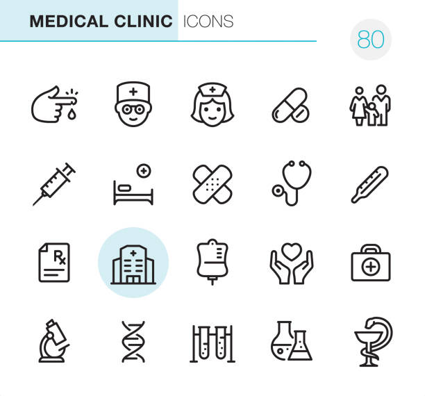 Medical Clinic - Pixel Perfect icons 20 Outline Style - Black line - Pixel Perfect icons / Medical Clinic Set #80
Icons are designed in 48x48pх square, outline stroke 2px.

First row of outline icons contains: 
Blood Test, Doctor, Nurse, Pharmacy (Pills & Capsules), Family Medicine;

Second row contains: 
Syringe, Hospital Bed, Adhesive Bandage, Stethoscope, Thermometer;

Third row contains: 
Rx, Hospital, Blood Donation, Care, First Aid Kit; 

Fourth row contains: 
Microscope, DNA, Biochemical Analysis, Laboratory Flask, Pharmacy Symbol.

Complete Primico collection - https://www.istockphoto.com/collaboration/boards/NQPVdXl6m0W6Zy5mWYkSyw paramedic stock illustrations