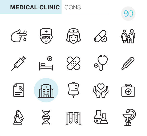 Medical Clinic - Pixel Perfect icons 20 Outline Style - Black line - Pixel Perfect icons / Medical Clinic Set #80
Icons are designed in 48x48pх square, outline stroke 2px.
First row of outline icons contains:
Blood Test, Doctor, Nurse, Pharmacy (Pills & Capsules), Family Medicine;
Second row contains:
Syringe, Hospital Bed, Adhesive Bandage, Stethoscope, Thermometer;
Third row contains:
Rx, Hospital, Blood Donation, Care, First Aid Kit;
Fourth row contains:
Microscope, DNA, Biochemical Analysis, Laboratory Flask, Pharmacy Symbol.
Complete Primico collection - https://www.istockphoto.com/collaboration/boards/NQPVdXl6m0W6Zy5mWYkSyw paramedic stock illustrations