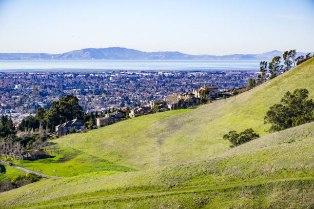 vista hacia las ciudades de east bay, área de la bahía de san francisco, hayward, california - hill green california grass fotografías e imágenes de stock