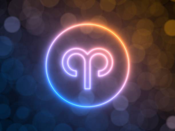 glowing neon sign of Aries with blurred bokeh background. 3d illustration glowing neon sign of Aries with blurred bokeh background. suitable for zodiac, fate, religion, light and energy themes. 3d illustration aries stock pictures, royalty-free photos & images