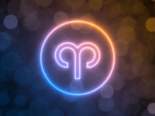 Photo of glowing neon sign of Aries with blurred bokeh background. 3d illustration