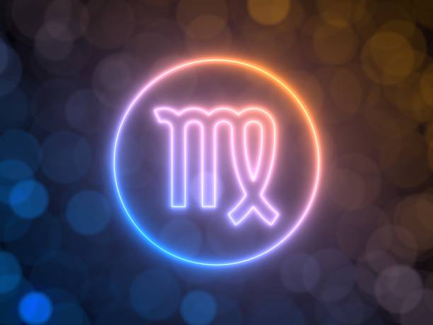 glowing neon sign of virgo with blurred bokeh background. 3d illustration - maiden imagens e fotografias de stock