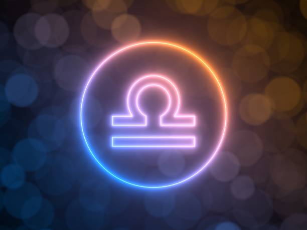 glowing neon sign of Libra with blurred bokeh background. suitable for zodiac, fate, religion, light and energy themes. 3d illustration