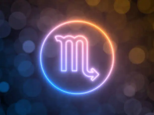 Photo of glowing neon sign of Scorpio with blurred bokeh background. 3d illustration