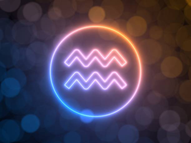 glowing neon sign of Aquarius with blurred bokeh background. 3d illustration glowing neon sign of Aquarius with blurred bokeh background. suitable for zodiac, fate, religion, light and energy themes. 3d illustration Aquarius stock pictures, royalty-free photos & images