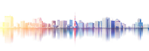 skyline urbana da cidade com reflexão em tokyo, japão - contemporary architecture abstract tokyo prefecture - fotografias e filmes do acervo