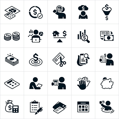 A set of budgeting icons. The icons include people setting a budget, calculator and pie chart, debt, money allocation, money, currency, charts and graphs, cutting credit card, spending, financial goals, analyzing finances, high five, savings and a calendar to name just a few.