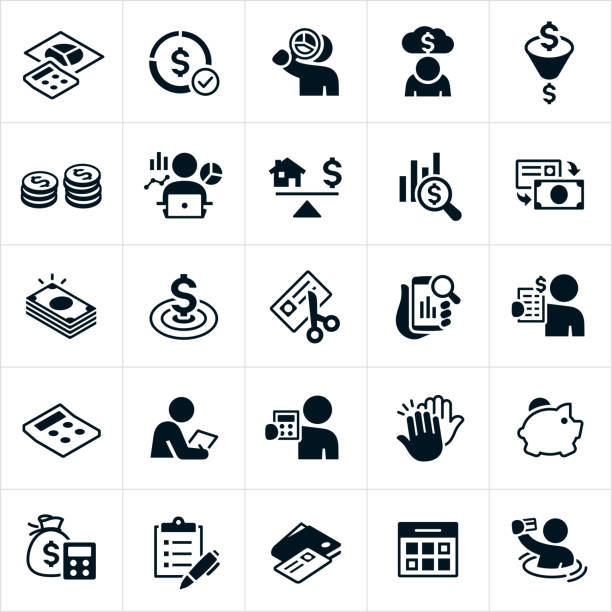 Budgeting Icons A set of budgeting icons. The icons include people setting a budget, calculator and pie chart, debt, money allocation, money, currency, charts and graphs, cutting credit card, spending, financial goals, analyzing finances, high five, savings and a calendar to name just a few. balance clipart stock illustrations