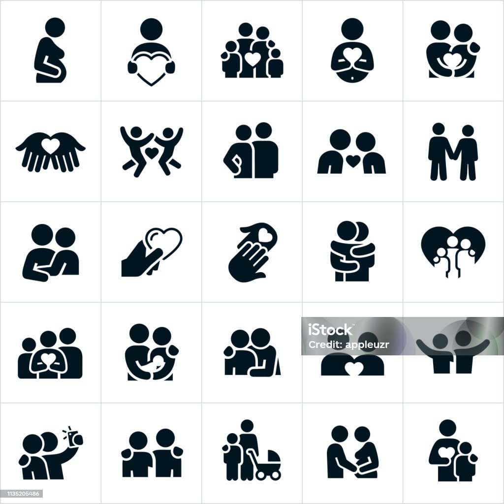 Loving Relationships Icons A set of loving relationships icons. The icons include families, couples, boyfriend and girlfriend, pregnant women, feeling of love and affection symbolized by a heart shape, husband and wife, hugs, arms around shoulders, newborns, children, babies and other related icons. Icon stock vector
