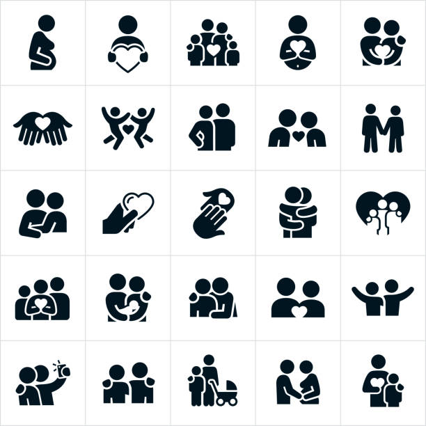 Loving Relationships Icons A set of loving relationships icons. The icons include families, couples, boyfriend and girlfriend, pregnant women, feeling of love and affection symbolized by a heart shape, husband and wife, hugs, arms around shoulders, newborns, children, babies and other related icons. relationship icon stock illustrations