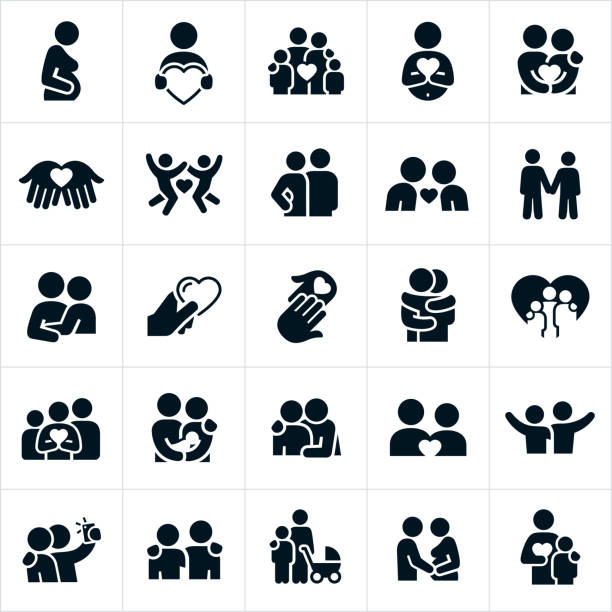 A set of loving relationships icons. The icons include families, couples, boyfriend and girlfriend, pregnant women, feeling of love and affection symbolized by a heart shape, husband and wife, hugs, arms around shoulders, newborns, children, babies and other related icons.