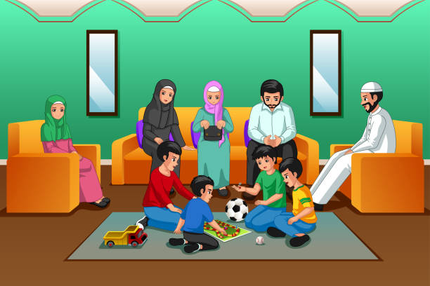 illustrazioni stock, clip art, cartoni animati e icone di tendenza di famiglia musulmana che gioca in salotto - people living room mother son