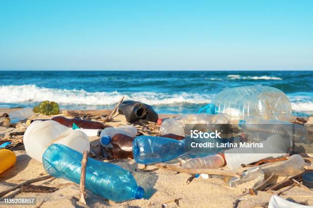 Spilled Garbage On The Beach Of The Big City Empty Used Dirty Plastic Bottles Empty Used Dirty Plastic Bottles Dirty Sea Sandy Shore Of The Black Sea Environmental Pollution Ecological Problem - Fotografias de stock e mais imagens de Plástico