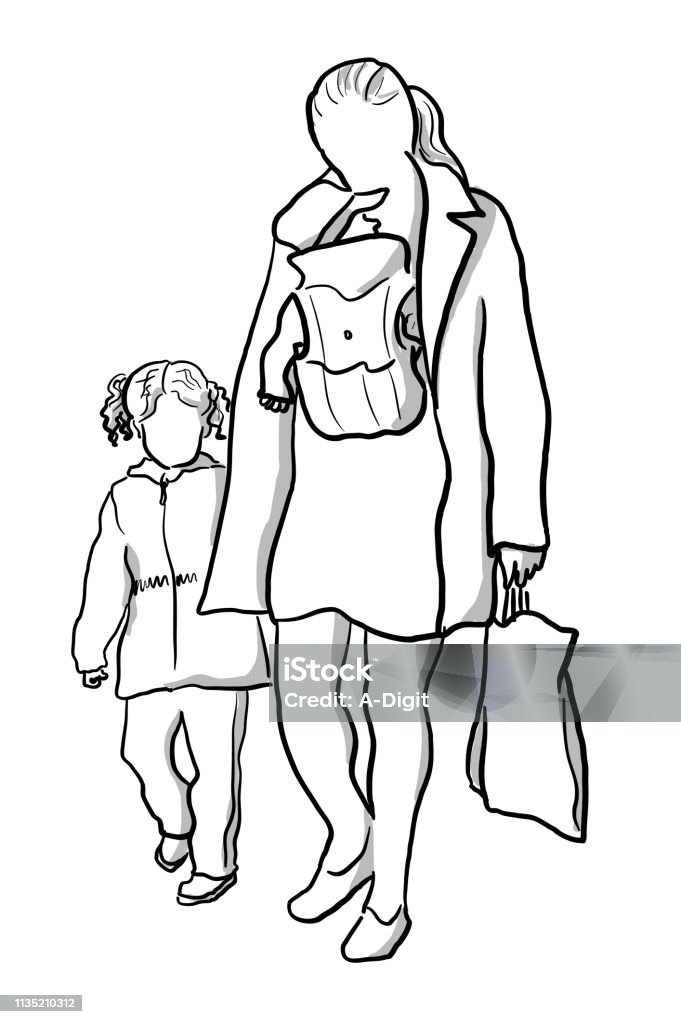 Mother Of Two Young Girls Mother walking outside with her little girl and carrying her baby in a carrier. Baby - Human Age stock vector