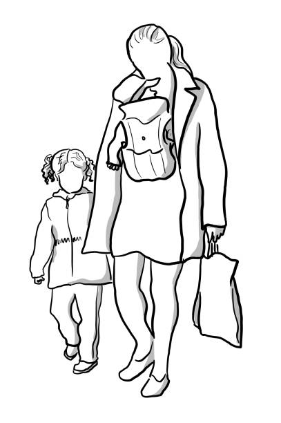Mother Of Two Young Girls Mother walking outside with her little girl and carrying her baby in a carrier. baby heart rate stock illustrations