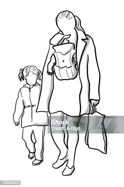 Mother Of Two Young Girls Stock Illustration - Download Image Now - Baby - Human Age, Family, Drawing - Art Product