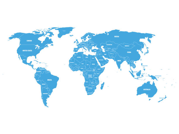 blaue politische weltkarte mit ländergrenzen und weißen staatsnamen. handgezeichnete vereinfachte vektordarstellung - world map map vector countries stock-grafiken, -clipart, -cartoons und -symbole