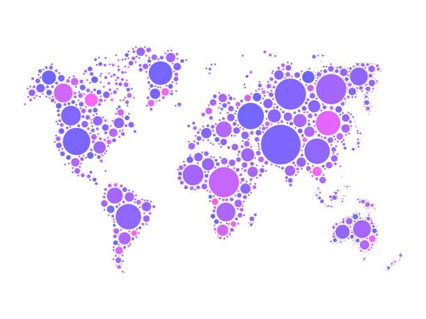 istock World map mosaic of violet dots in various sizes and shades on white background. Vector illustration 1135210455