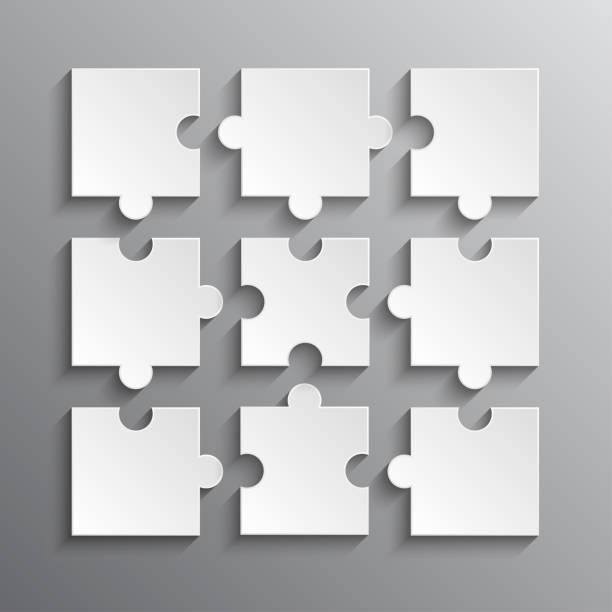 Puzzle jigsaw 9 white separate pieces, details, tiles, parts. Game group detail. Puzzle background, banner, blank. Vector jigsaw section template. Background with puzzle 9 white separate pieces, mosaic, details, tiles, parts. Square outline abstract jigsaw. Game group detail. puzzle stock illustrations