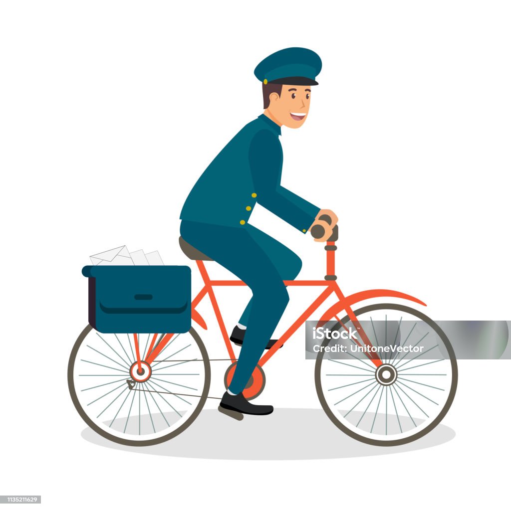 Delivery Small Parcels on Bicycle Through City. Delivery Small Parcels on Bicycle through City. Young Smiling Man in Form Green Postman Riding Red Modern City Bike. Vector Illustration on White Background. Post Office in Countryside. Activity stock vector