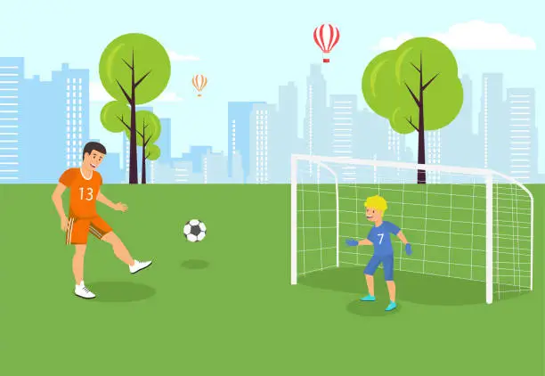 Vector illustration of Vector Flat Soccer Son Stands Gate and Catch.