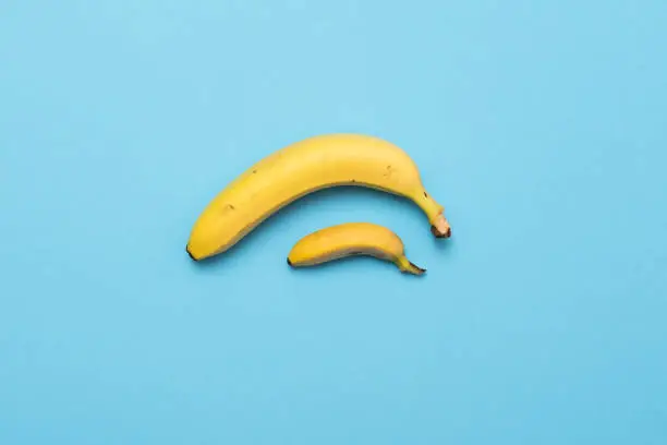 baby banana compare size with banana on blue background. size penis concept