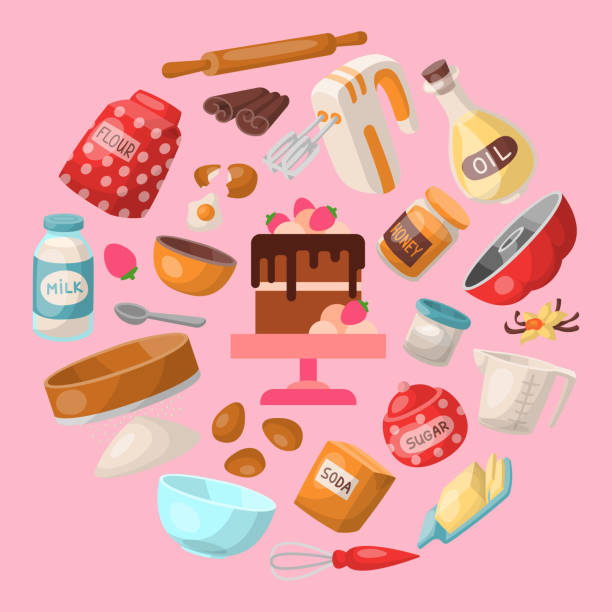 Baking cartoon tools and food seamless pattern. Kitchen utensils. Baking ingredients sugar, vanilla, flour, oil, butter, baking soda, cake, eggs. Cooking vector illustration. Baking cartoon tools and food seamless pattern. Kitchen utensils. Baking ingredients sugar, vanilla, flour, oil, butter, baking soda, chocolate cake with strawberry, eggs. Cooking vector illustration rolling dough stock illustrations