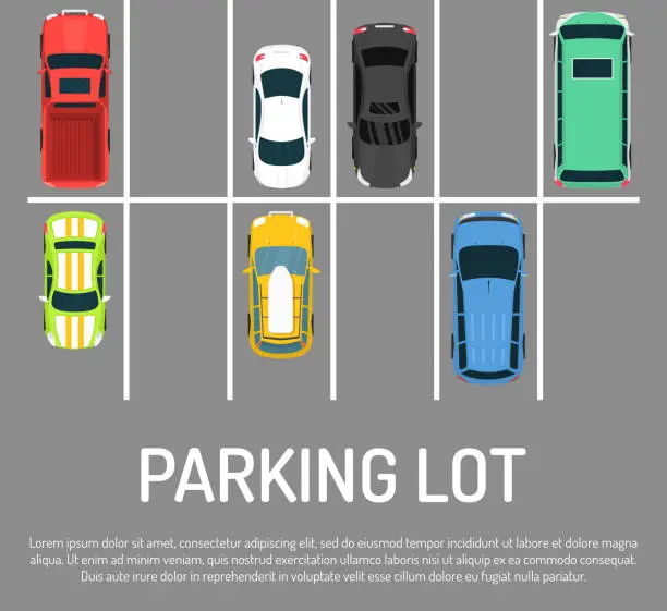 Vector illustration of City car parking vector illustration. Top view of parking zone with a variety of cars. Parking garage with free places in flat style banner, poster. Parking lots for vehicles.