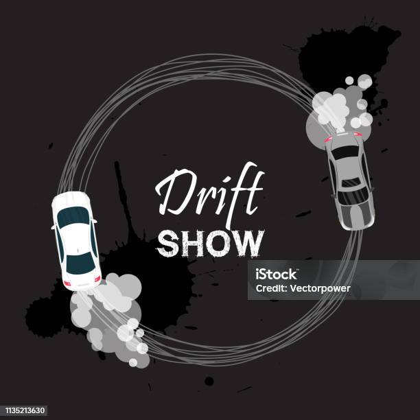 Car Drift Card Vector Illustration Drift Show Banner Poster Brochure Flyer Top View Of A Drifting Vehicles Competition Between Participants Street Racing Racing Team Tuning Stock Illustration - Download Image Now