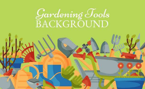 Garden tools background banner vector illustration. Equipment for gardening. Wheelbarrow, trowel, fork hoe, boots, gloves, shovels and spades, lawn mower, watering can. Flower and tree. Garden tools background banner vector illustration. Equipment for gardening. Wheelbarrow, trowel, fork hoe, boots, gloves, shovels and spades, lawn mower, watering can. Plants such as flower and tree. trowel gardening shovel gardening equipment stock illustrations