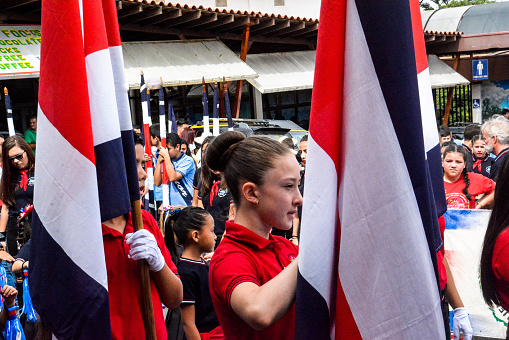 Monteverde, Costa Rica - September 15th 2017: Students celebrate Costa Rican independence day by participating in a parade