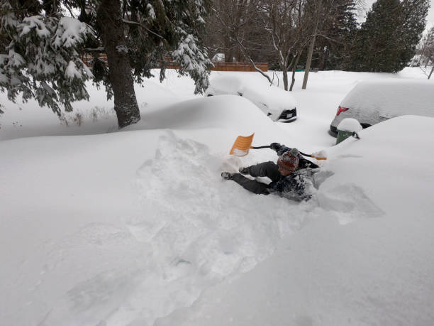 heavy snow buried entrance way of house in residential district