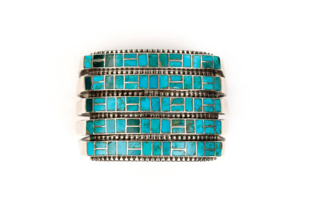 Vintage Turquoise and Silver Jewelry Detail. Close Up of Vintage Turquoise and Silver Cuff Bracelet. hopi culture photos stock pictures, royalty-free photos & images