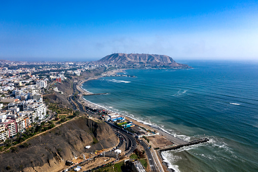 Aerial view of Lima's shoreline including the districts of Barranco and Chorrillos, with \
