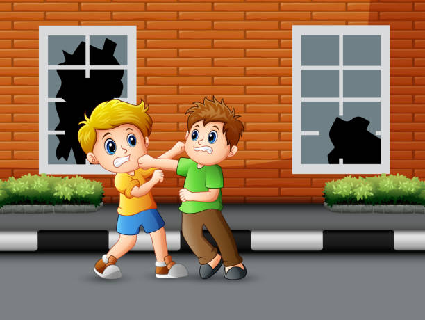 ilustrações de stock, clip art, desenhos animados e ícones de cartoon two boys fighting on the road - rotting decline backgrounds wall