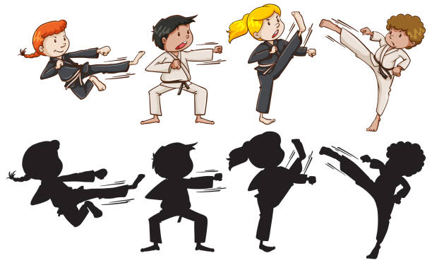 ilustraciones, imágenes clip art, dibujos animados e iconos de stock de juego de karate kids - karate child judo belt