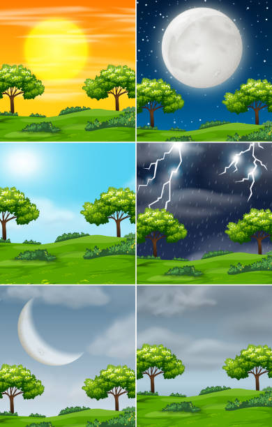Set of nature in different weather Set of nature in different weather illustration lightning rain thunderstorm storm stock illustrations