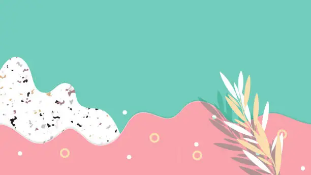 Vector illustration of Minimalist abstract background, fluid shapes with leaves, cool pastel pink and green tones