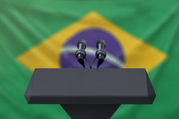 istock Brazil Flag with microphones 1135234073